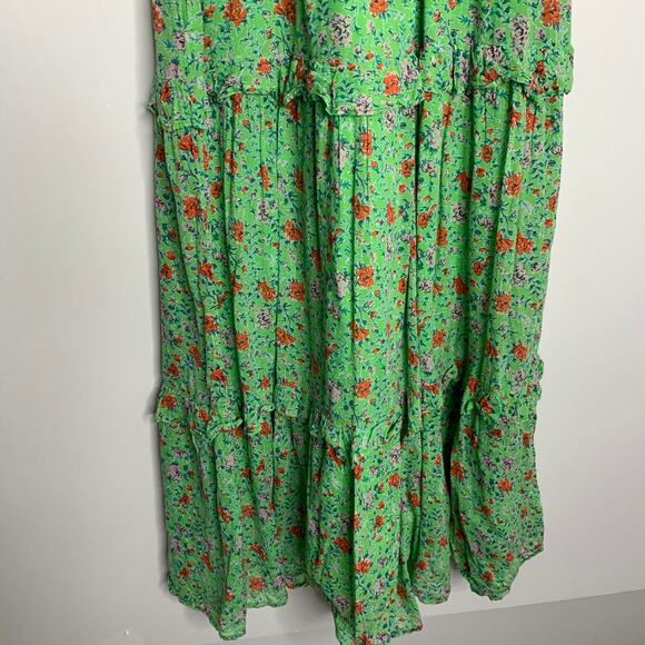 Banjanan Iris Floral Maxi Ruffle Tier Sleeveless Sheath Cotton Green Dress XS - Picture 9 of 16